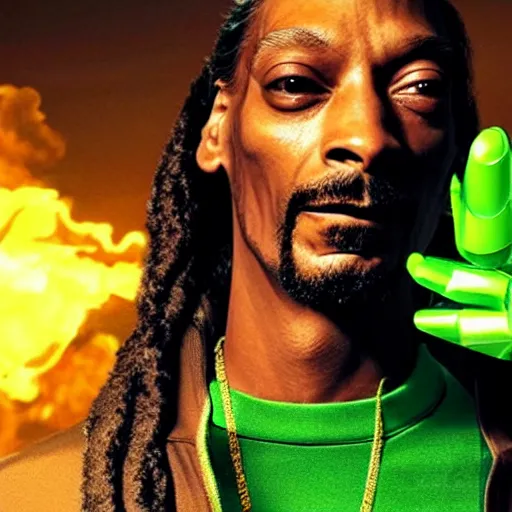 Prompt: Snoop Dogg starring as a futuristic Marvel Super Hero holding green fire for a 2019 Marvel Movie poster, epic portait