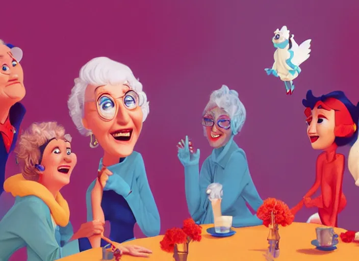 Image similar to pixar cartoon character of bea arthur being happy with her friends from the golden girls. style by petros afshar, christopher balaskas, goro fujita, and rolf armstrong.