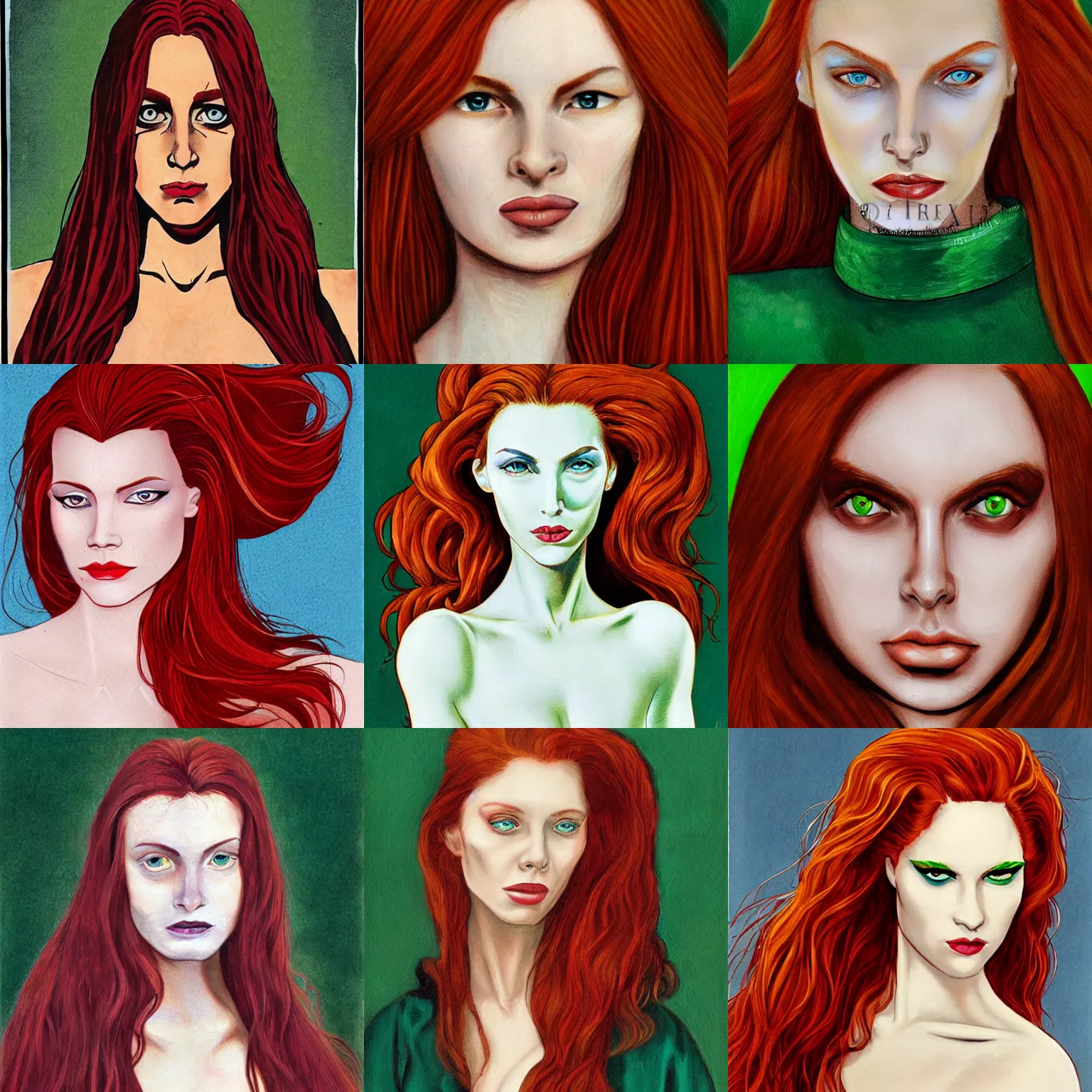 Prompt: portrait of a beautiful woman, long crimson hair, unsettling green eyes, pale and unblemished skin, colored, by Sal Buscema