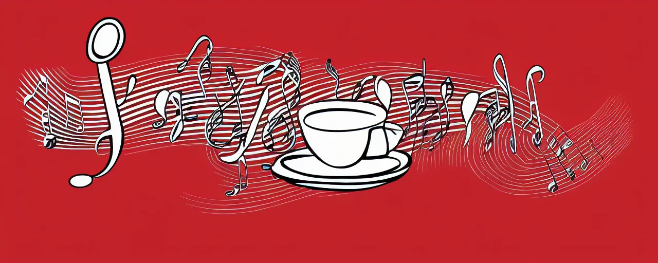 Prompt: coffee and music, line art, vector, logo, simple, red and white,