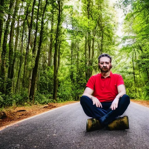 Prompt: A man sitting on a beautiful road in a forest with tall Nutmeg trees lined up on the side of the road with his back to the camera, professional photography