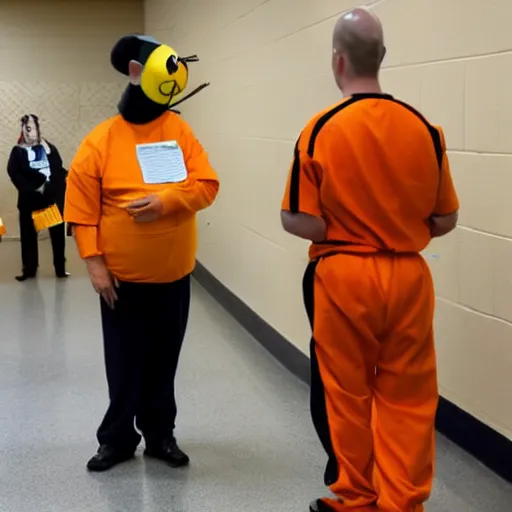 Prompt: inmate with orange suit and wearing a bee head