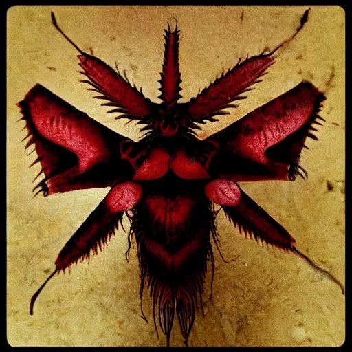 Image similar to “an ancient, demonic moth with bones coming out of its body, dark red mist swirling around”