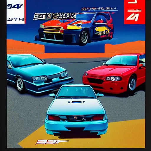 Image similar to playstation 1 cover art for a 9 0 s japanese racing game, a 1 9 9 5 subaru wrx sti, and a 1 9 9 8 honda civic are the cars on the box art.