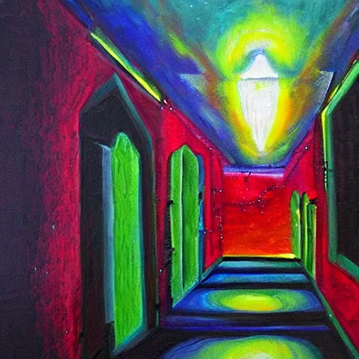 Prompt: the corridor to the darkness. acrylic painting with heavy impasto. colorful. deep and vivid.