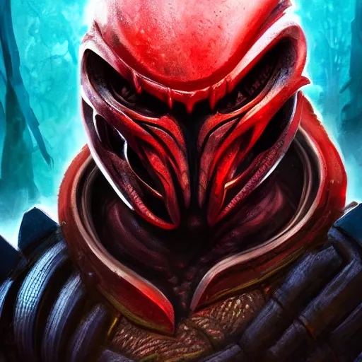 Image similar to digital paint character poster of The Predator in ancient Japan, trending on Artstation, vivid colors, hyperdetailed, alien armor, alien helmet