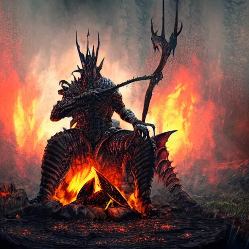 Image similar to Ancient Dragon boss from dark souls 2 sitting near a camp fire, evening time, heavy rain, rain water reflections in ground, digital illustration, crisp details, highly detailed art, 8k image quality, full body camera shot