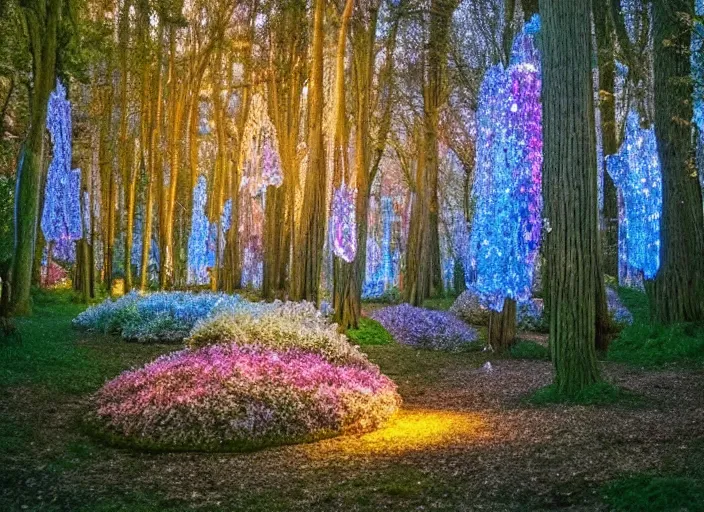 Image similar to a magical forest with crystal flowers that glow in the dusk,