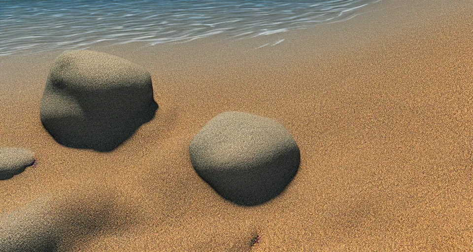 Image similar to quixel render of a sandy beach, detailed sand and rock textures, realistic water, lumen lightmap, 3 d rendered environment