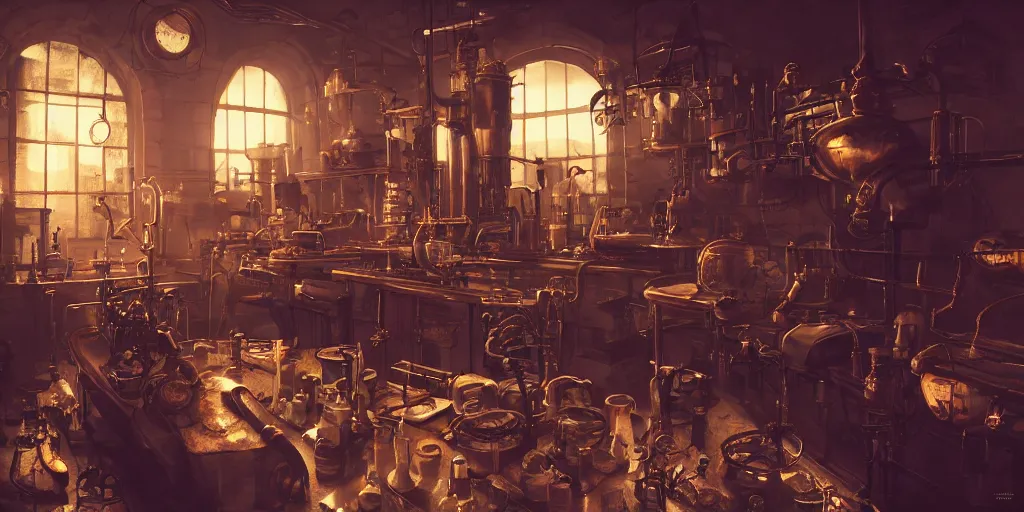 Prompt: kitbash of steampunk laboratory by Max Bedulenko, trending on Artstation, 8k, photorealistic, hyper detailed, unreal engine 5, cinematic color grade, epic lighting