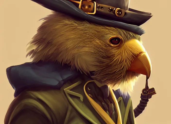 Image similar to character portrait feature of the anthro male anthropomorphic kakapo fursona wearing steampunk pirate airship captain outfit uniform professional pilot character design stylized by charlie bowater, ross tran, artgerm, and makoto shinkai, detailed, soft lighting, rendered in octane