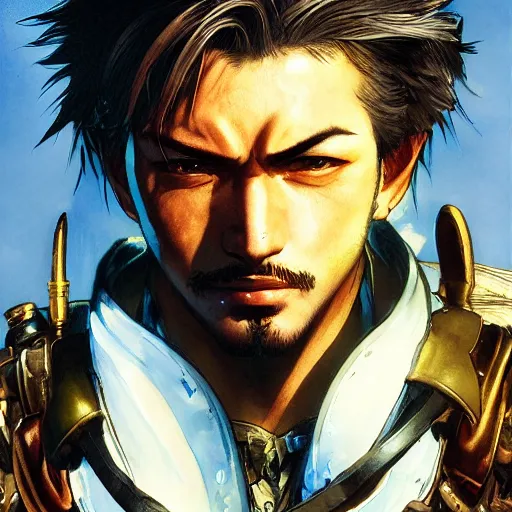 Image similar to portrait of a hero holding his sword in front of his face by yoji shinkawa, high quality, extra details, realism, ornate, colored, golden chain, blood, white skin, short hair, brown eyes, vivid, sunlight, dynamic,