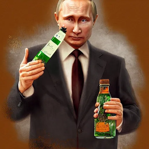 Image similar to putin holding a bottle of arak ayalim, cinematic, beautiful digital painting, hyper detailed