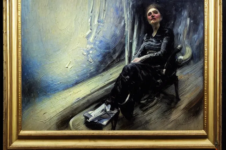 Image similar to impressionist brushstrokes!!!! hr giger and richard schmid and jeremy lipking victorian loose genre loose painting full length portrait painting of a giant spaceship