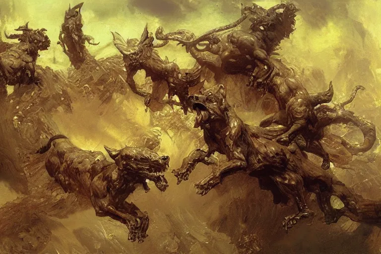 Image similar to hyperdetailed matte art of cerberus by ilya repin, amano, salvador dali, craig mullins