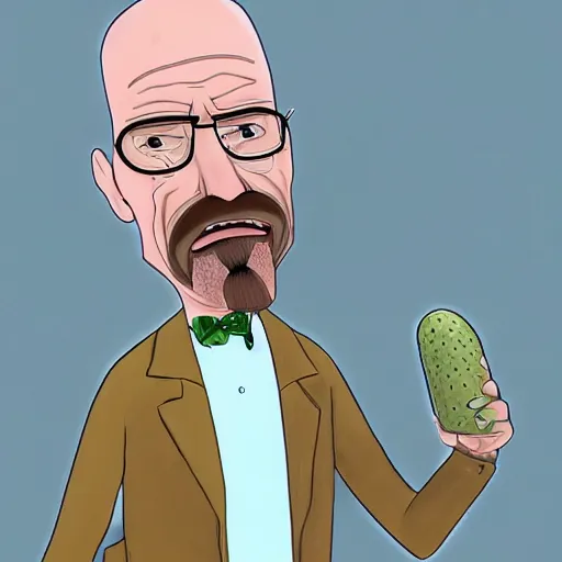 Image similar to digital art of Walter white as pickle rick from rick and morty, detailed, realism, cartoon art