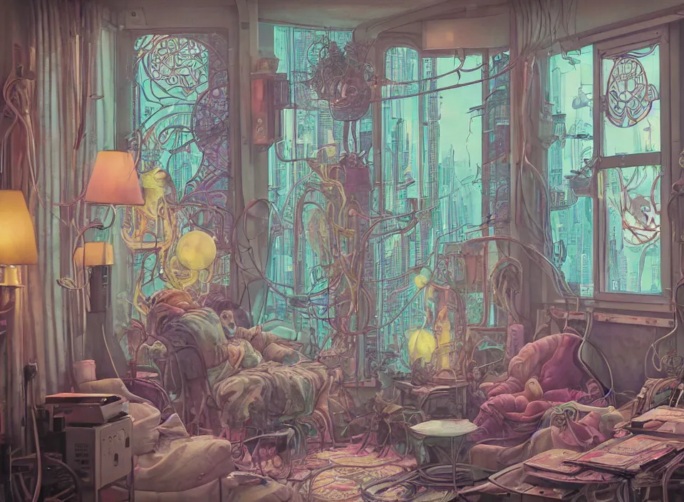 Image similar to telephoto 7 0 mm f / 2. 8 iso 2 0 0 photograph depicting the feeling of chrysalism in a cosy cluttered french sci - fi ( art nouveau ) cyberpunk apartment in a pastel dreamstate art cinema style. ( aquarium, computer screens, window ( city ), leds, lamp, ( ( ( aquarium bed ) ) ) ), ambient light.