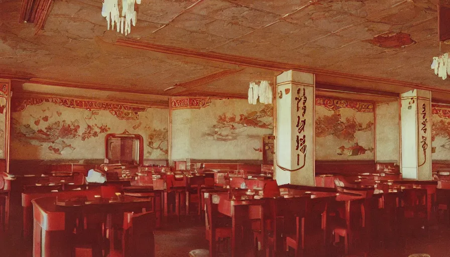 Image similar to 70s movie still of empty north-korean royal restaurant palace with propaganda fresco, post-stalinist style, eastmancolor, heavy grain, high quality, higly detailed