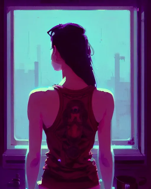 Prompt: neo - noir, hyper - realistic portrait of a girl in a tank top, intricate, 4 k, by atey ghailan, by greg rutkowski, by greg tocchini, by james gilleard, by joe fenton, by kaethe butcher, dynamic lighting, lighting color scheme, sharp focus, grunge aesthetic