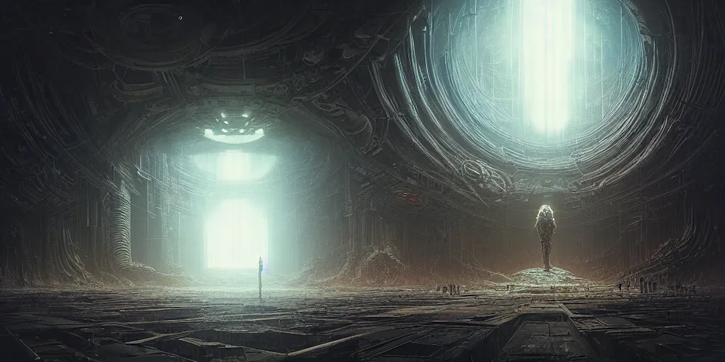 Prompt: lost and alone in a vast future sci - fi cyberpunk brutalist megastructure temple by gustave dore and gustave moreau and beksinski and giger and craig mullins and jeremy mann, anamorphic lens flares