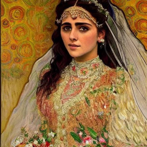 Image similar to full body portrait of a beautiful Kurdish bride wearing a beautiful wedding dress, very detailed eyes, hyperrealistic, beautiful and symmetrical face, very detailed painting by Claude Monet and Alphonse Mucha, trending on artstation, extremely high detail, incredibly intricate