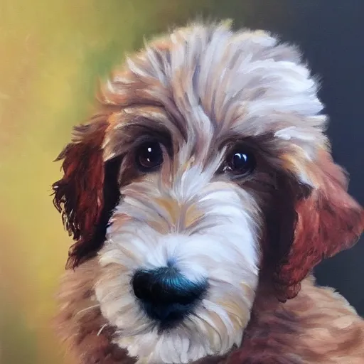 Image similar to a handsome portrait of an aussie doodle pup, oil on canvas, high budget