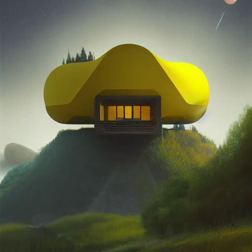 Image similar to futuristic yellow house on a hill with big trees, multiple moons, dramatic lighting, artstation, matte painting, raphael lacoste, simon stalenhag, frank lloyd wright, zaha hadid