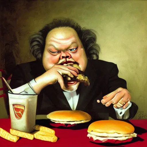 Prompt: surreal grotesque kitsch low-brow Orson Welles emerging from deep shadows eating hamburgers, extra onions and ketchup, luscious patty with sesame seeds, figure in the darkness, serving big macs french fry pattern ambience, Francisco Goya, painted by John Singer Sargant, Adrian Ghenie, style of Francis Bacon, highly detailed, 8k, trending on artstation