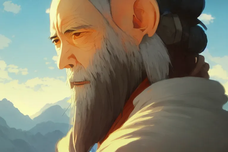 Image similar to ultra realistic, monk smoking, mountain, colors, 8 k, hd, details, fantasy, epic, ancient city, landscape illustration concept art anime key visual trending pixiv fanbox by wlop and greg rutkowski and makoto shinkai and studio ghibli and kyoto animation symmetrical facial features