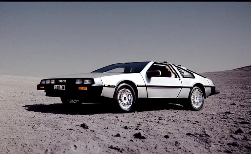 Image similar to a dreamy retro 8 0 s photo of a delorean on the moon, bloomy