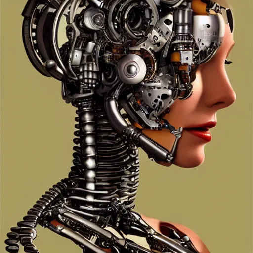 Prompt: ultra realistic painting of half woman half robot in mechanical style. highly detailed. elegant, centered, fine details