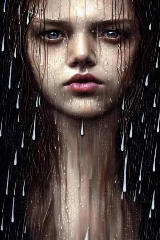 Image similar to portrait of a girl upside down in the rain with wet hair and face, fantasy, intricate, elegant, dramatic lighting, emotionally evoking symbolic metaphor, highly detailed, lifelike, photorealistic, digital painting, artstation, concept art, smooth, sharp focus, illustration, art by John Collier and Albert Aublet and Krenz Cushart and Artem Demura and Alphonse Mucha