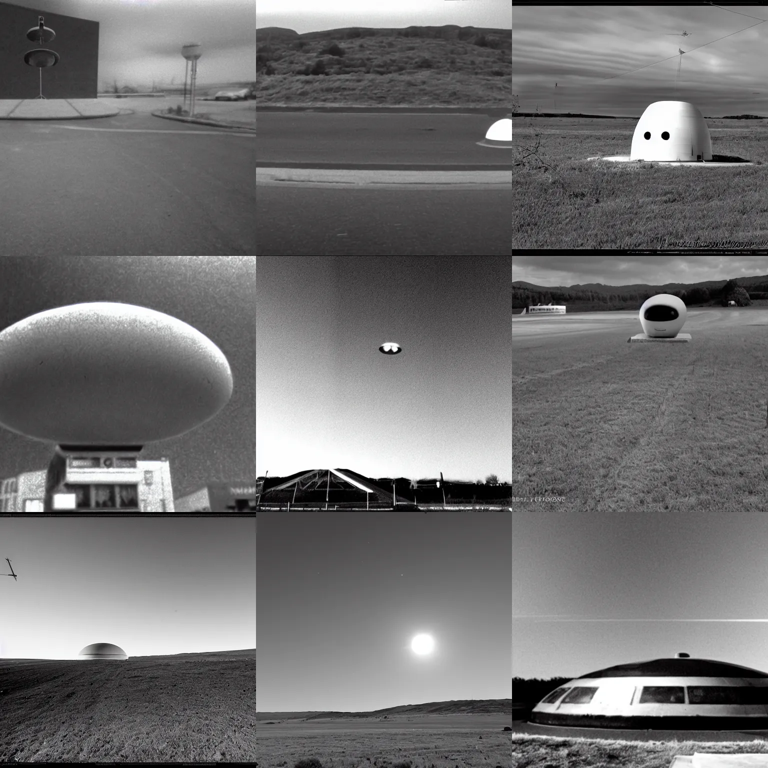 Prompt: photography of rosewell ufo, x - files, black & white, blurry, security cam footage, found footage