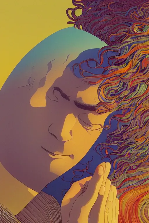 Prompt: a colorful vibrant closeup portrait of a simple white caucasian man with curly mid length brown hair with a calm aesthetic face and dreaming psychedelic hair, by kawase hasui, moebius, edward hopper and james gilleard, zdzislaw beksinski, steven outram colorful flat surreal design, hd, 8 k, artstation