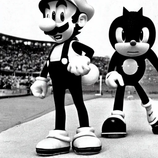 Prompt: mario!!!! and sonic!!!! at the 1 9 3 6 olympic games