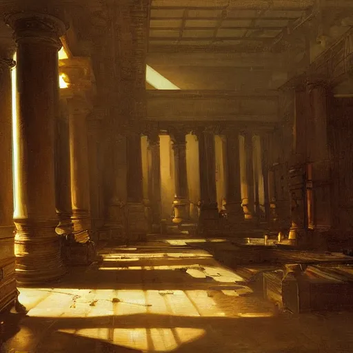 Prompt: painting of a scifi ancient civilzation victorian empty computer room with pillars, andreas achenbach