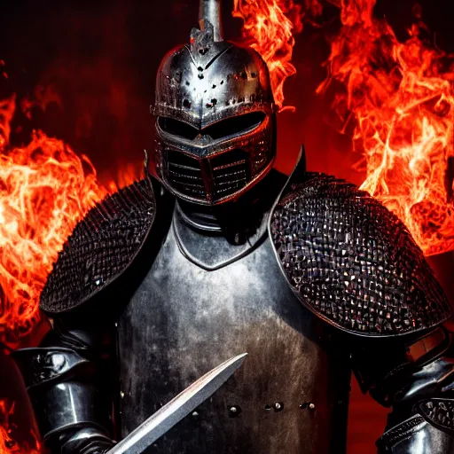 Image similar to a black knight in shining armor, a terrible mask on his face, eyes burning with red fire. a boy is standing next to him and he has a sword in his hands