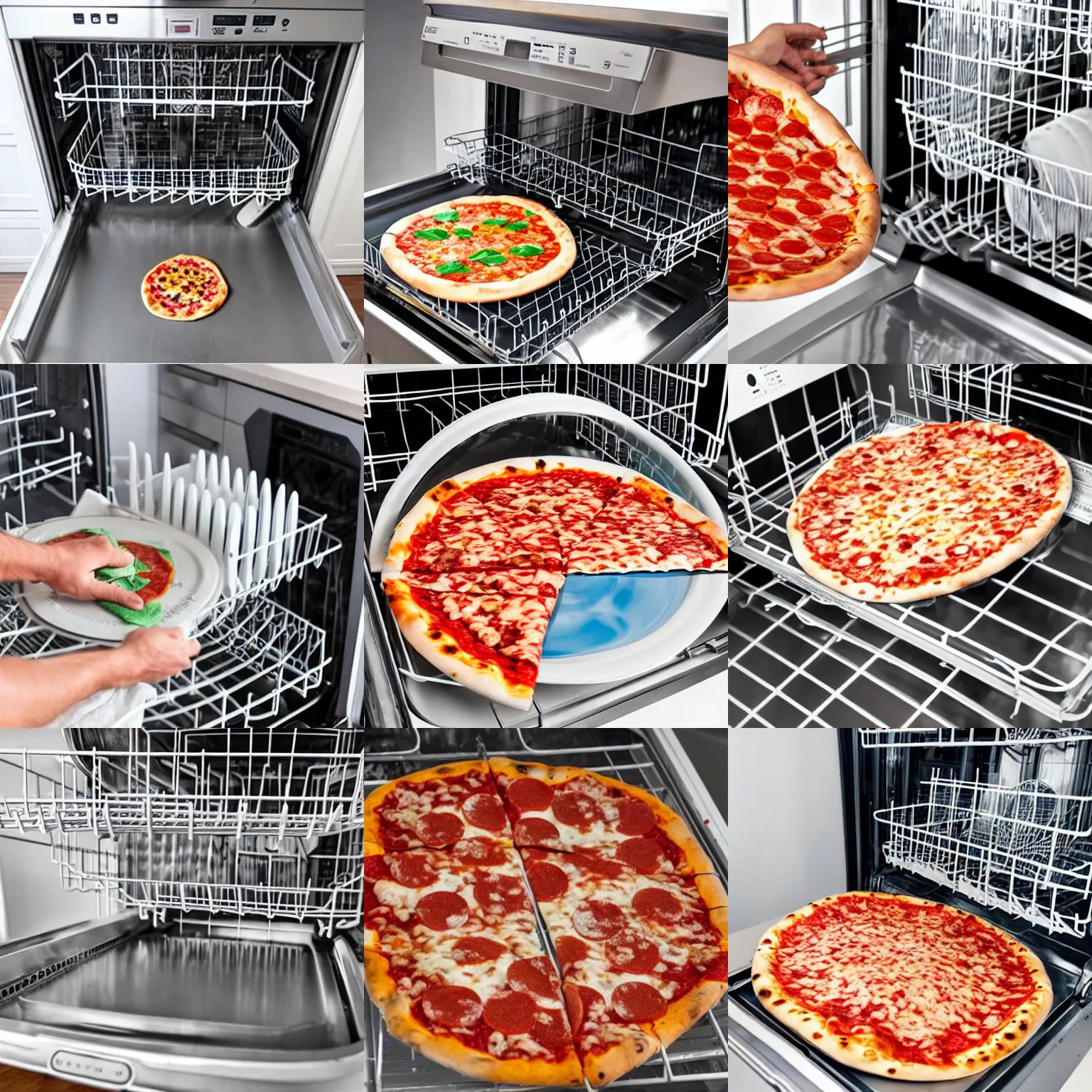 Prompt: washing a whole pizza in the dishwasher