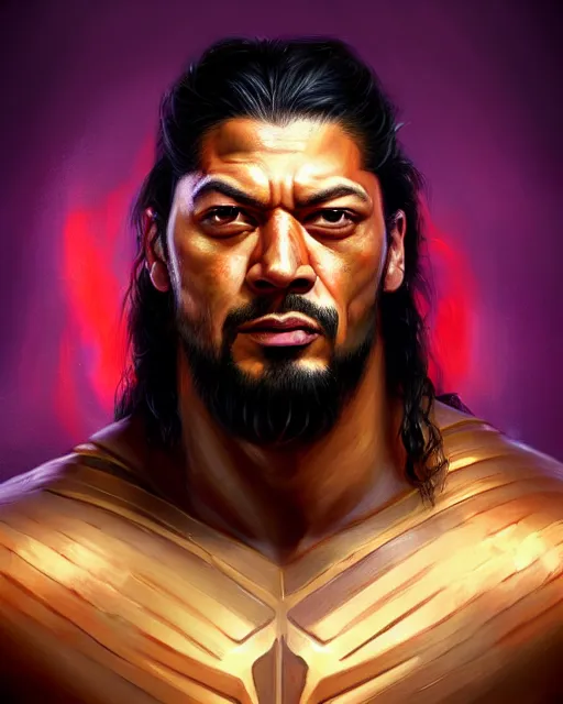 Prompt: face portrait of roman reigns as a muscular sephen curry, wearing a haori, by wlop and peter mohrbacher, dramatic action pose, extremely detailed shading, concept art, digital painting, trending on artstation, unreal engine 5, octane render, atmosphere, glow, cinematic lighting, full of color