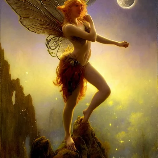 Image similar to attractive fairy magically floating high in the night, fantasy, full moon in background. highly detailed painting by gaston bussiere, craig mullins, j. c. leyendecker, mid shot, 8 k realistic, cryengine, frostbite 3 engine, sharp focus