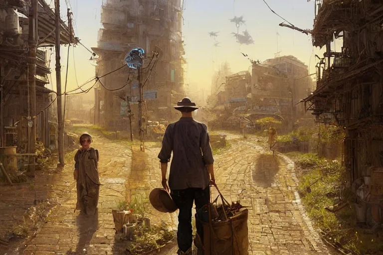 Image similar to A solarpunk very highly detailed farmer with very highly detailed face on the street of a very highly detailed solarpunk sci-fi city digital rational painting art by Greg Rutkowski, sci-fi highly detailed, digital concept art, Dimensional cyan gold natural light, sharp focus, Golden Ratio illustration, realistic concept art by Stephen Hickman and James Gurney and Hiromasa Ogura Ghost in the Shell rendered in Octane Render, From the distance