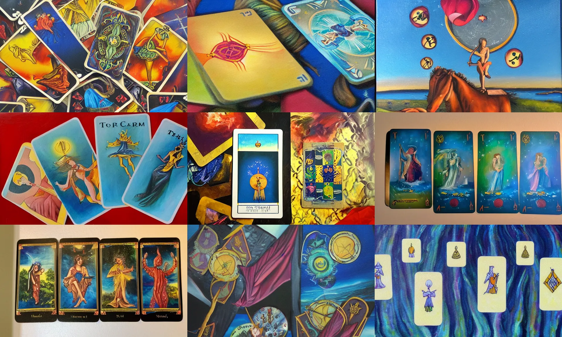 Prompt: tarot cards floating, oil painting