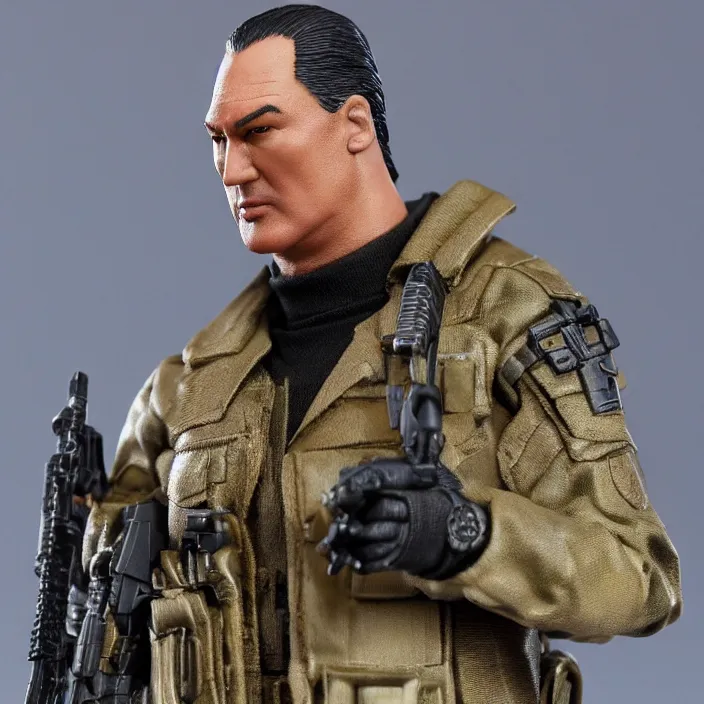 Prompt: detailed figure of steven seagal from sniper special ops, first 4 figures, detailed product photo