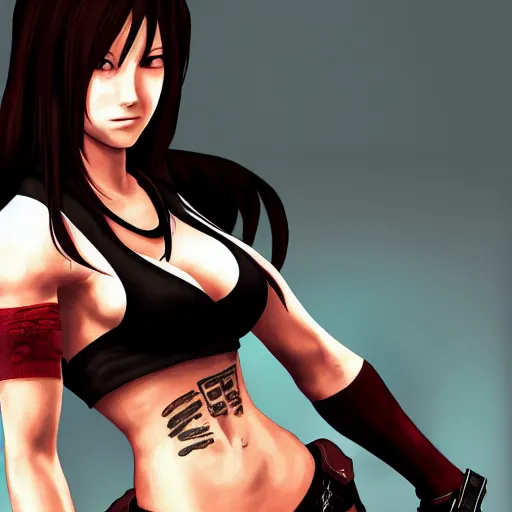 Prompt: concept art of tifa lockhart with tattoos, highly detailed, trending on artstation