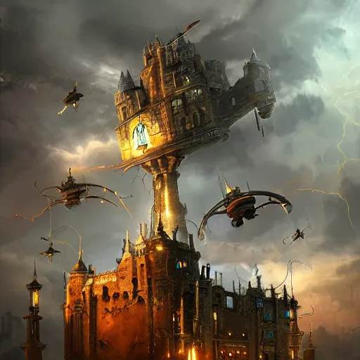 Prompt: Huge flying castle, steampunk digital art, dramatic lightning, trending on artstation, epic composition