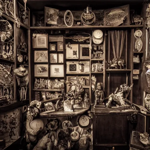 Image similar to cabinet of oddities and curiosities, esoteric, hd award cinematic photography, dramatic lighting