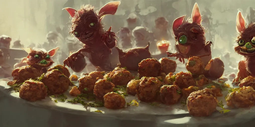 Prompt: gremlins addicted to meatballs, Greg Rutkowski, Darek Zabrocki, Karlkka, Jayison Devadas, Phuoc Quan, trending on Artstation, 8K, ultra wide angle, pincushion lens effect.