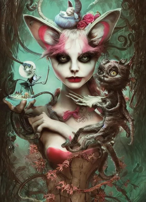 Image similar to Alice attends Mad Tea Party, Cheshire Cat, Mad hatter,highly detailed,half skull face,cinematic,8k,by Stanley Artgermm,Tom Bagshaw,Greg Rutkowski,Carne Griffiths, Ayami Kojima, Beksinski, Giger,trending on DeviantArt,hyper detailed,horror, full of colour