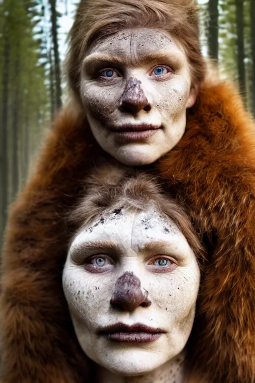 Image similar to a professional portrait photo of a gentle strong neanderthal woman in the forest in winter holding a spear, freckles and mud on face, black stripe painted side to side across her eyes, ginger hair and fur, extremely high fidelity, natural lighting,