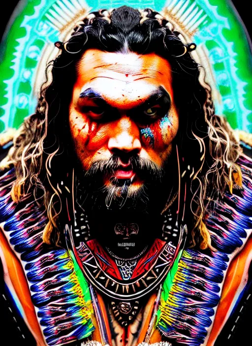 Image similar to portrait of jason momoa, hyper detailed ultra sharp aztec shaman warrior. trending on artstation, warpaint aesthetic, bloodwave, colorful, psychedelic, ornate, intricate, digital painting, concept art, smooth, sharp focus, illustration, art by artgerm and greg rutkowski and h. r. giger, 8 k